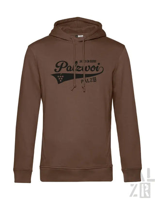 Braunes Hoodie mit ’palzvoi’-Logo und Weintrauben-Design, Baumwollmaterial.