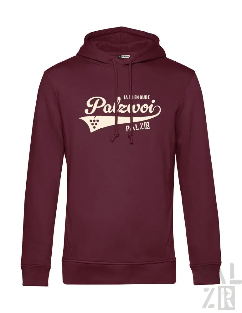 Bordeaux-Kapuzenpulli mit ’palzvoi’-Grafik und Logo-Design, mit weißem gesticktem Text und einem sportlichen Swoosh.