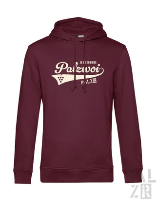 Bordeaux-Kapuzenpulli mit ’palzvoi’-Grafik und Logo-Design, mit weißem gesticktem Text und einem sportlichen Swoosh.