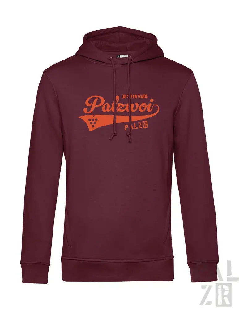Bordeaux-Farbenes Hoodie mit ’palzvoi’-Grafik und oranger Textgestaltung.