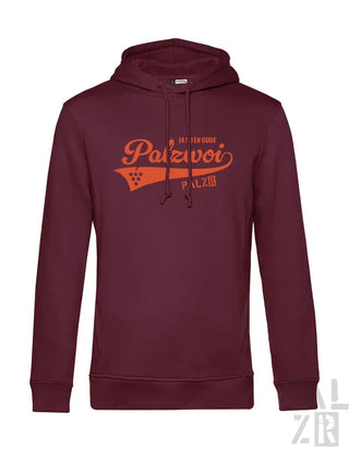 Bordeaux-Farbenes Hoodie mit ’palzvoi’-Grafik und oranger Textgestaltung.