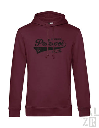 Bordeaux-Kapuzenpullover mit ’pozvooi’-Logo und grünen Akzenten, aus weicher Baumwollmischung.