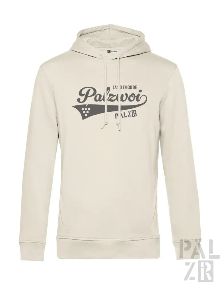 Creme-farbene Hoodie mit ’palzvoi’-Logo und Rennstreifen-Design.