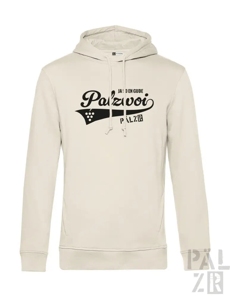 Creme-farbene Hoodie mit schwarzem Text und Design, mit einem Grafikmotiv von zwei Rennflaggen.