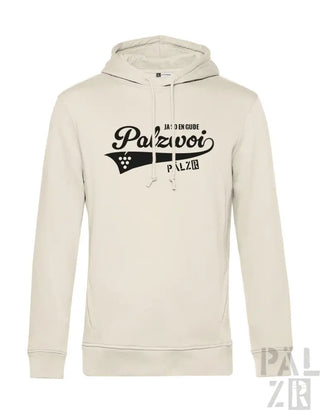 Creme-farbene Hoodie mit schwarzem Text und Design, mit einem Grafikmotiv von zwei Rennflaggen.