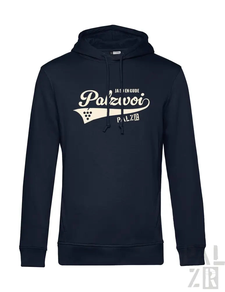 Marineblaue Hoodie mit weißem ’palzvoi’-Logo und Design, mit Kängurutasche.