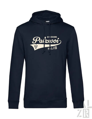 Marineblaue Hoodie mit weißem ’palzvoi’-Logo und Design, mit Kängurutasche.