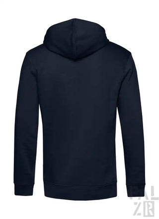 Marineblaue Kapuzenjacke mit Kapuze und langen Ärmeln, aus Fleece-Material gefertigt.