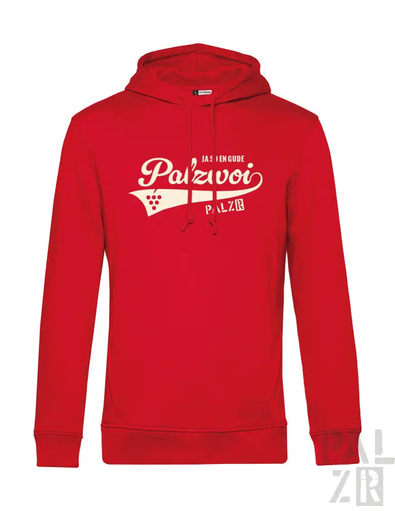 Roter Hoodie mit weißem ’palzvoi’-Logo und Weinreben-Design, Material aus Baumwollmischung.