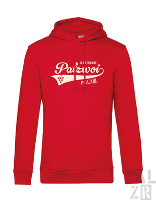 Roter Hoodie mit weißem ’palzvoi’-Logo und Weinreben-Design, Material aus Baumwollmischung.