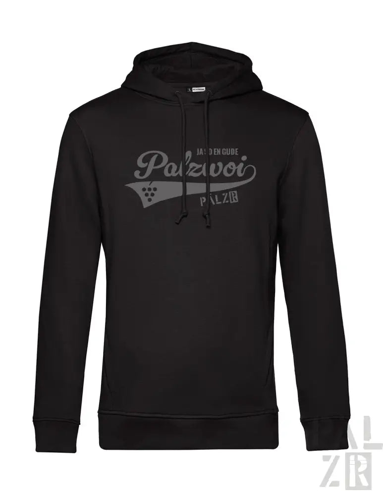 Schwarze Kapuzenjacke mit ‚palzvoi‘-Logo und Grafikdesign, aus Baumwolle gefertigt.