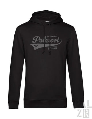Schwarze Kapuzenjacke mit ‚palzvoi‘-Logo und Grafikdesign, aus Baumwolle gefertigt.