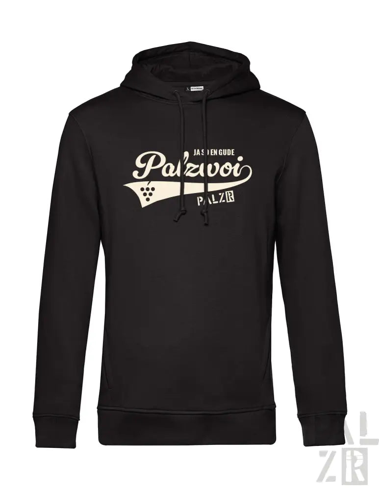 Schwarze Hoodie mit weißem ’palzvoi’-Logo und -Design, mit Kapuze.