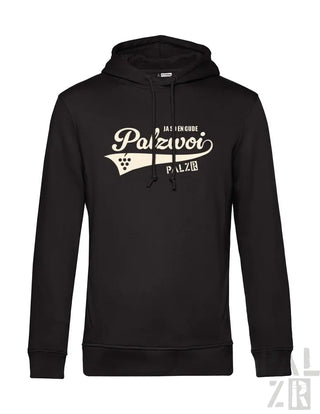 Schwarze Hoodie mit weißem ’palzvoi’-Logo und -Design, mit Kapuze.