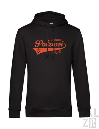 Schwarze Hoodie mit orange ’palzvoi’-Logo und weißem Text, aus Fleece-Material.