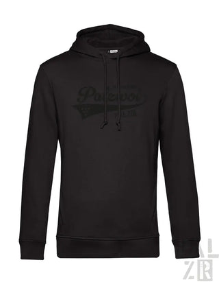 Schwarze Kapuzenjacke mit weißem „polo“-Logo, aus weichem Baumwoll- und Fleece-Material gefertigt.