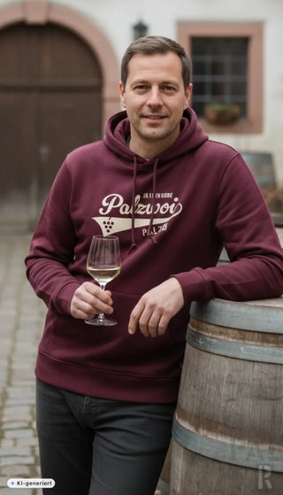 Mann hoodie in weinrot mit weißem palzwoi logo und weinreben design in verschiedenen farben verfügbar