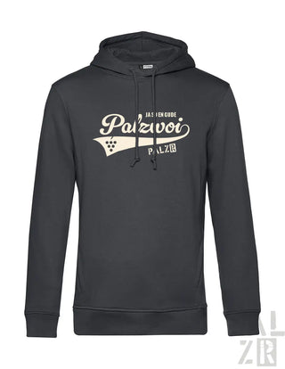 Männer hoodie palzwoi in schwarz mit cremefarbenem grafischem traubenmotiv und schriftzug auf der vorderseite