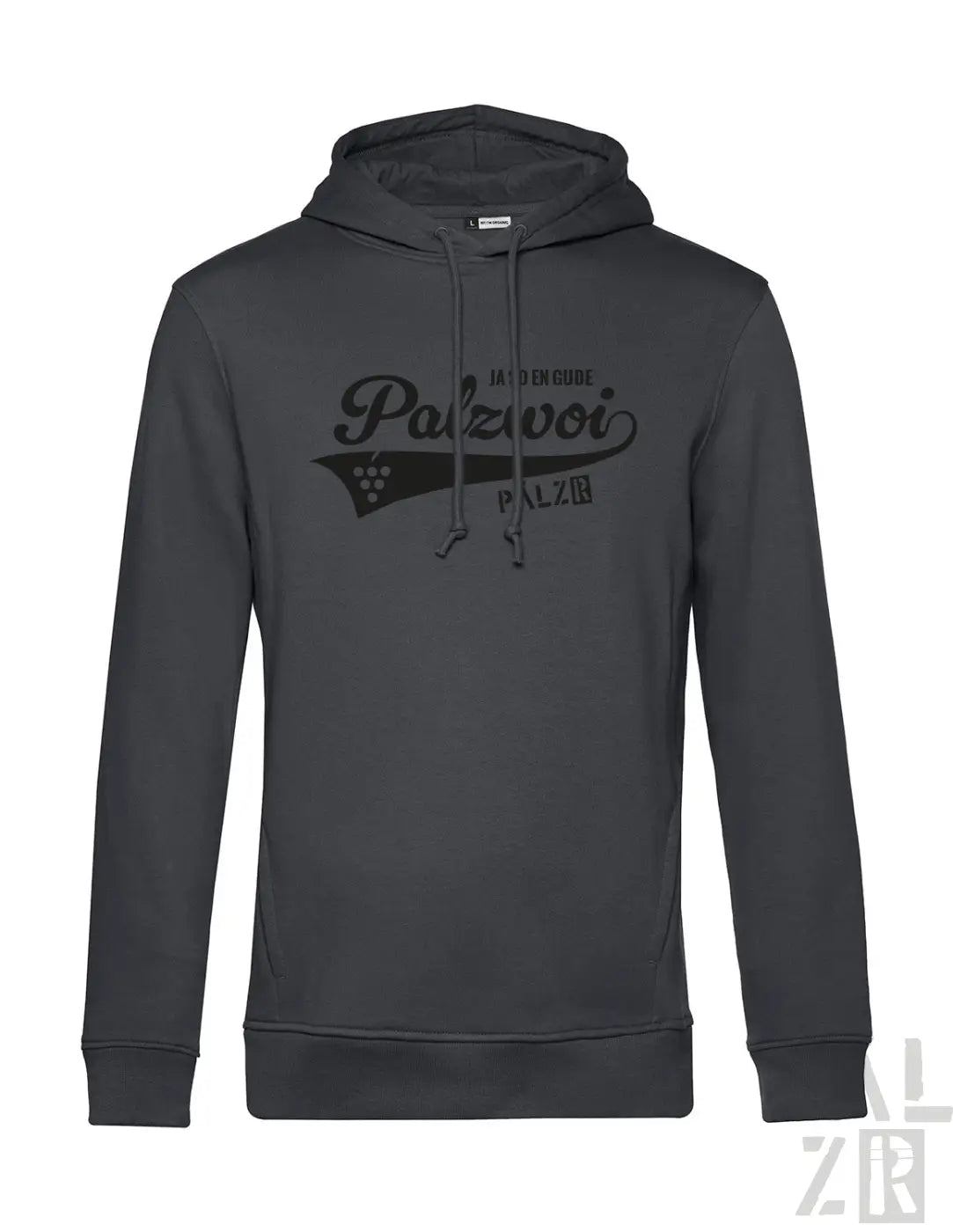 Dunkelgrauer männer hoodie palzwoi mit schwarzem grafikdruck und rebenmotiv erhältlich in verschiedenen farben
