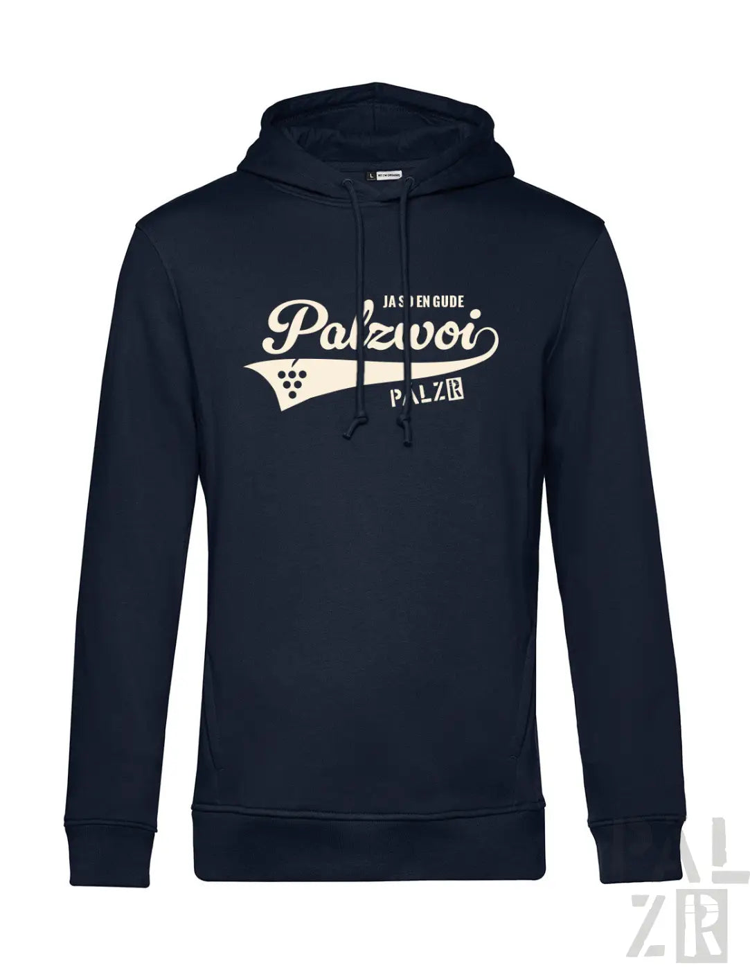 Navyblauer männer hoodie von palzvoi mit cremefarbenem logo und traubenmotiv vorne in verschiedenen farben