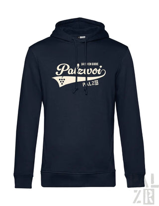 Navyblauer männer hoodie von palzvoi mit cremefarbenem logo und traubenmotiv vorne in verschiedenen farben