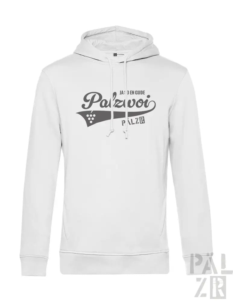Weißes Hoodie mit ’palzvoi’-Logo und Rennflaggen-Design.