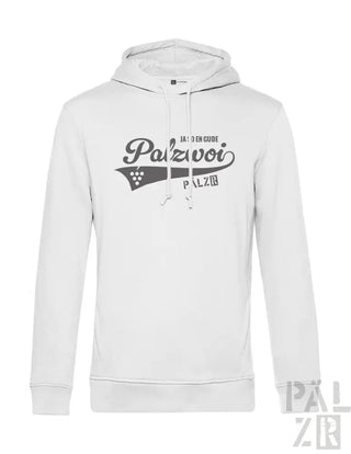Weißes Hoodie mit ’palzvoi’-Logo und Rennflaggen-Design.