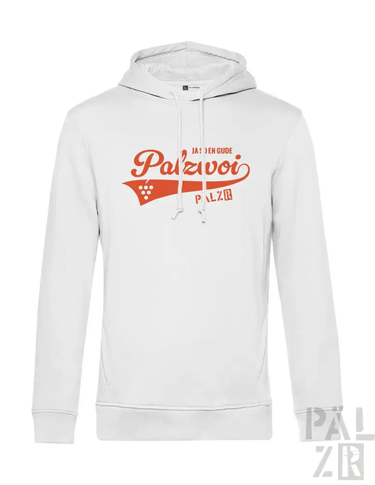 Weiße Kapuzenjacke mit orangem ’palzvoi’-Logo und -Design, Material wahrscheinlich Baumwolle oder Polyester-Mischung.