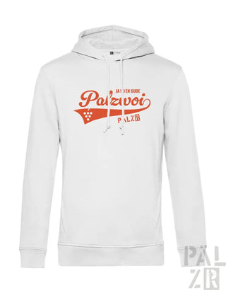 Weiße Kapuzenjacke mit orangem ’palzvoi’-Logo und -Design, Material wahrscheinlich Baumwolle oder Polyester-Mischung.