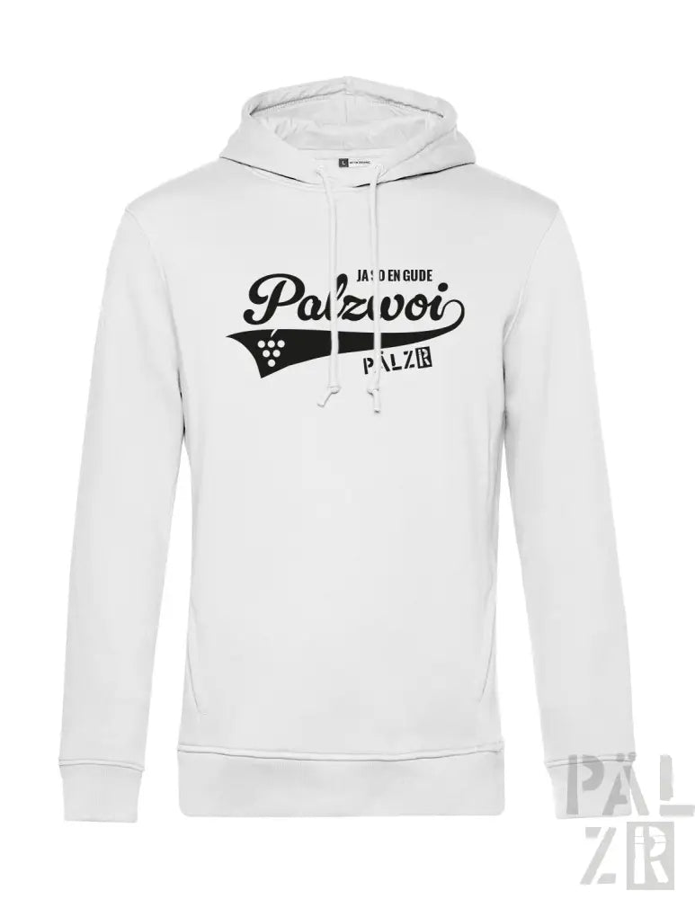 Weiße Hoodie mit schwarzem Text und Design, mit ’palzvoi’ Logo.