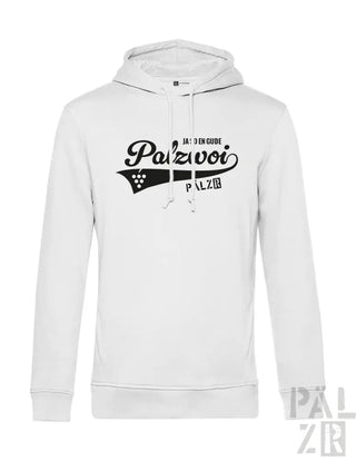 Weiße Hoodie mit schwarzem Text und Design, mit ’palzvoi’ Logo.