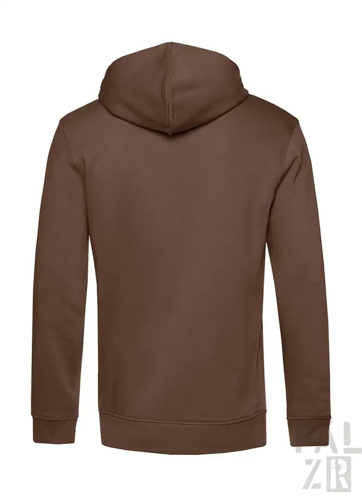Brauner Hoodie mit Kapuze und Reißverschluss, wahrscheinlich aus Baumwolle oder Polyester-Mischung gefertigt.