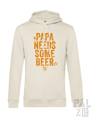 Cremeweißer Hoodie mit dem Text „papa braucht ein bisschen Bier“ in Orange und Gelb, mit einem Kapuzendesign.