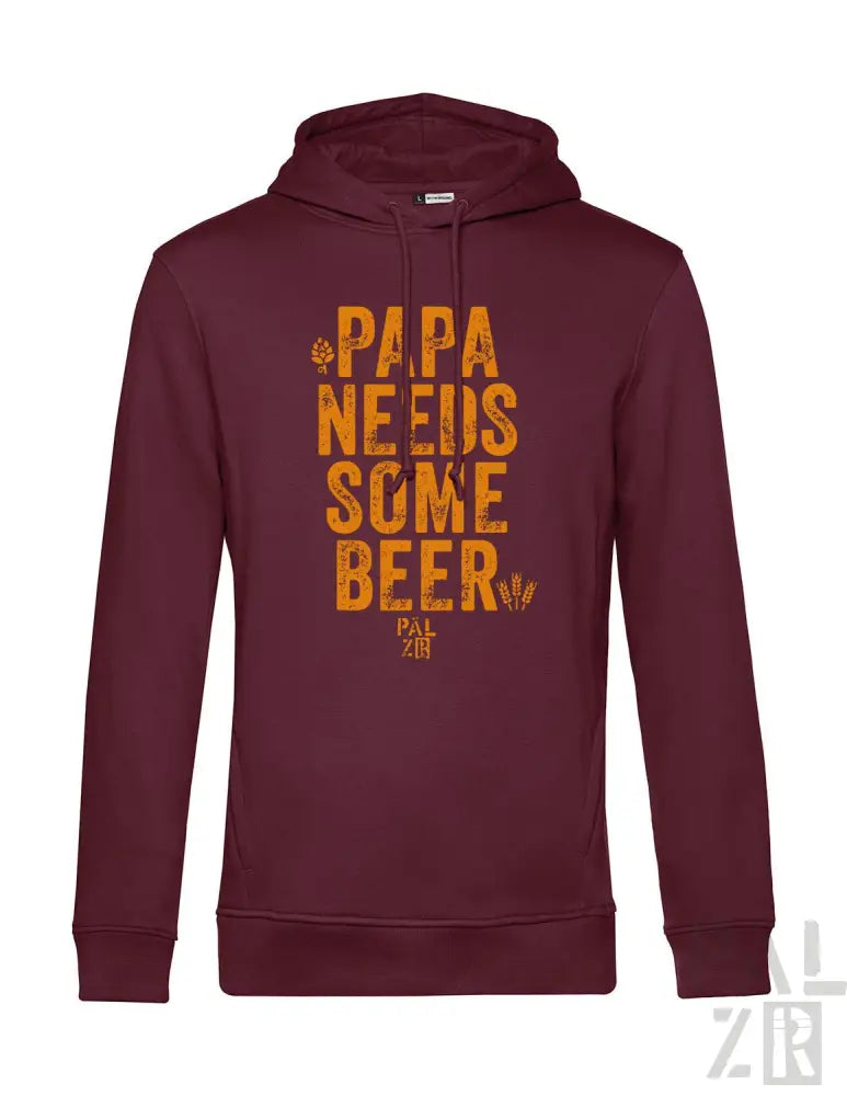 Bordeaux-Farbenes Hoodie mit „papa braucht ein bisschen Bier“-Text in orange-weißem Design, mit Kapuzen-Sweatshirt-Stil.
