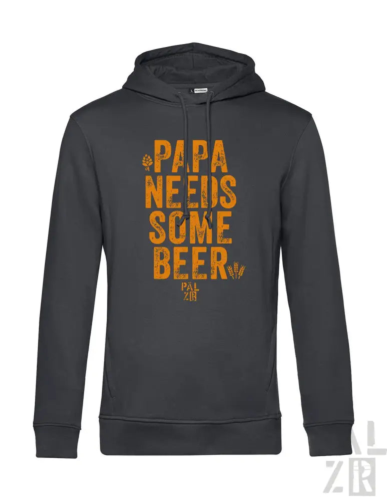 Holzkohle-graue Kapuzenjacke mit dem Text „papa braucht ein bisschen Bier“ in Orange und Weiß, mit einem Kapuzendesign.