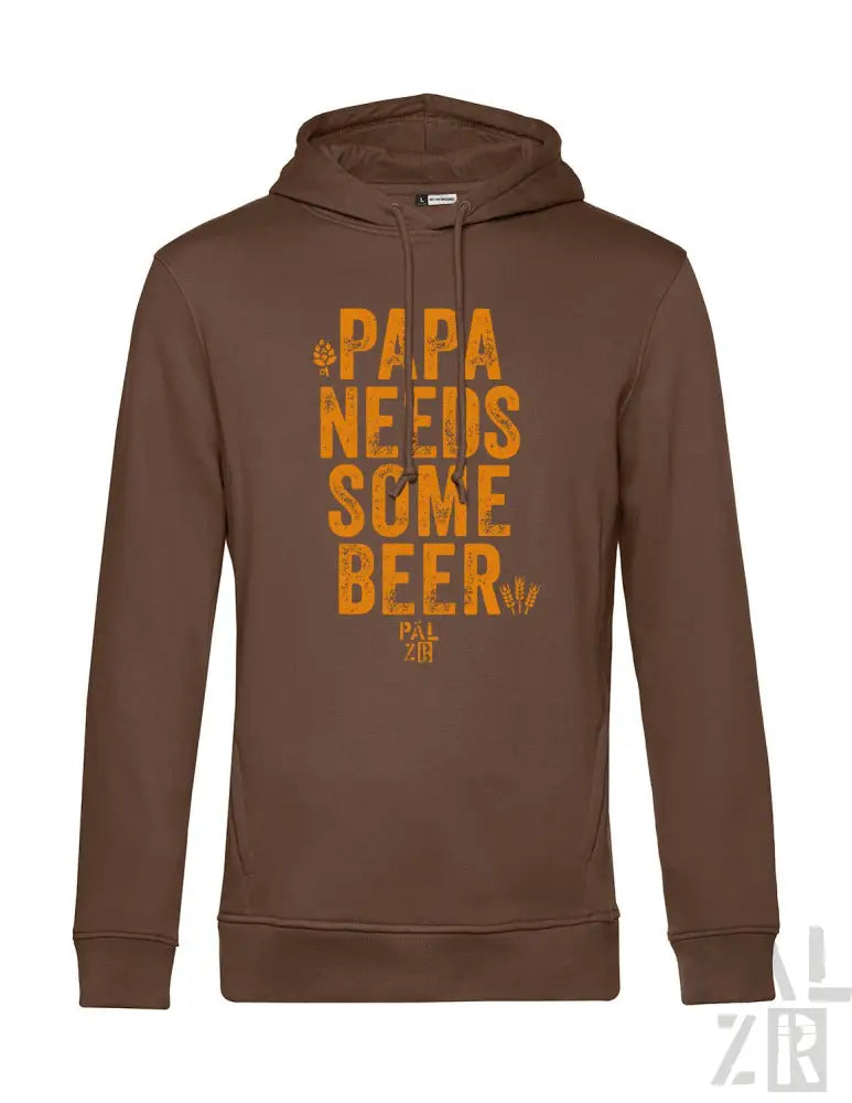 Brauner Hoodie mit „papa braucht ein bisschen Bier’-Design in orange- und weißer Schrift, mit Kapuze.