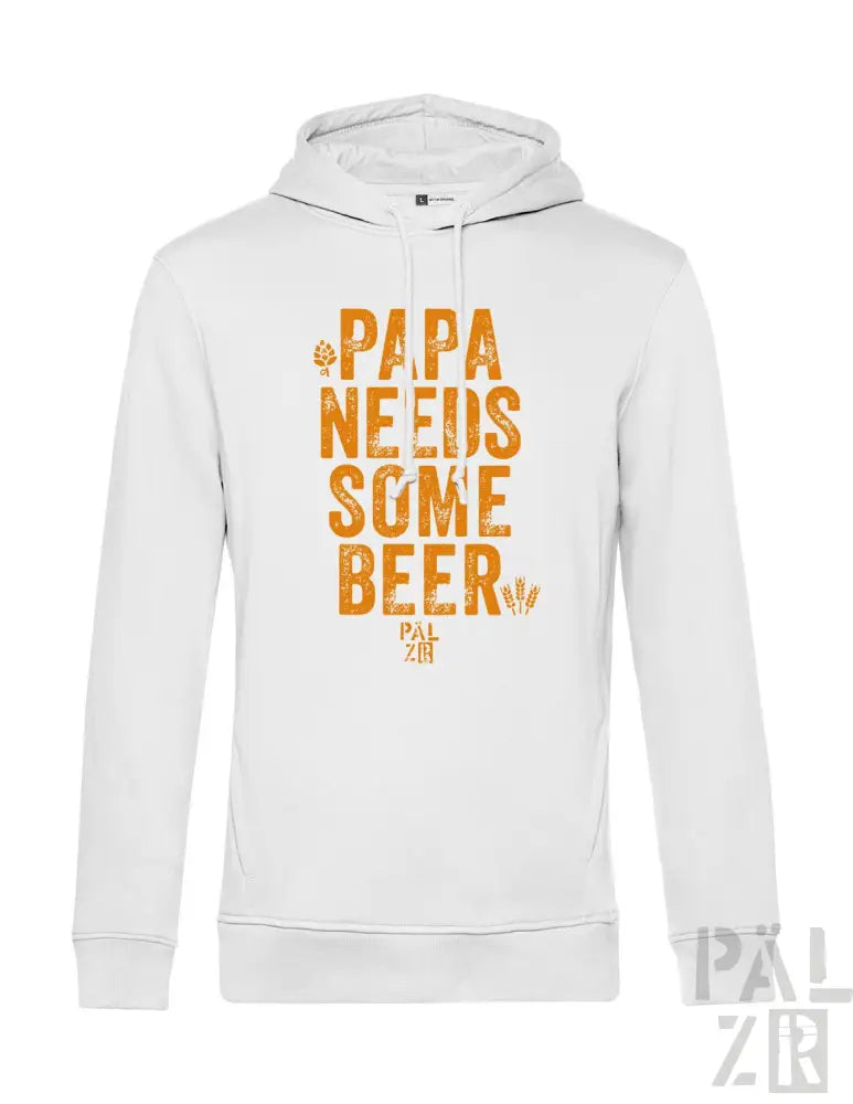 Weiße Kapuzenjacke mit Text „papa braucht ein bisschen Bier“ in orange-gelbem Design, mit Kapuze.