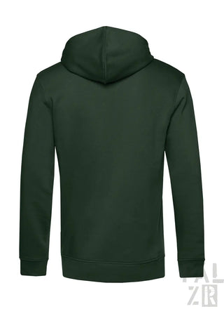 Dunkelgrüner Hoodie mit Kapuze und langen Ärmeln, aus weichem Baumwollmaterial.