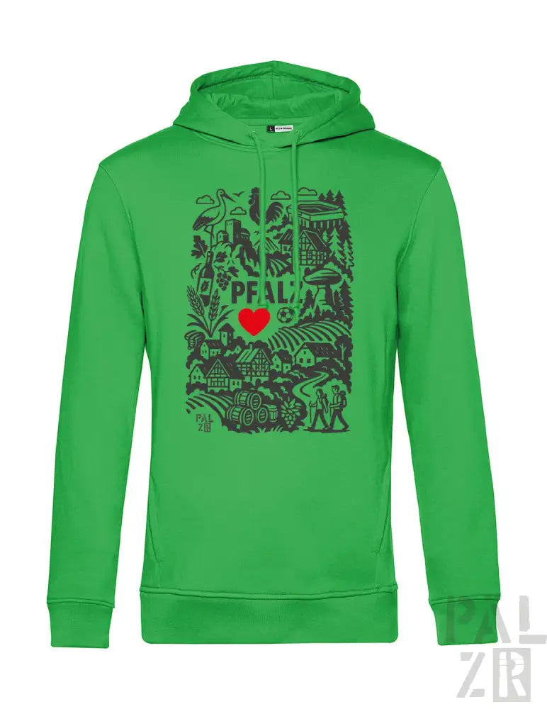 Grüner Hoodie mit schwarzem Design und Herz, umweltfreundliches Material.