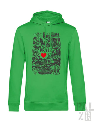 Grüner Hoodie mit schwarzem Design und Herz, umweltfreundliches Material.