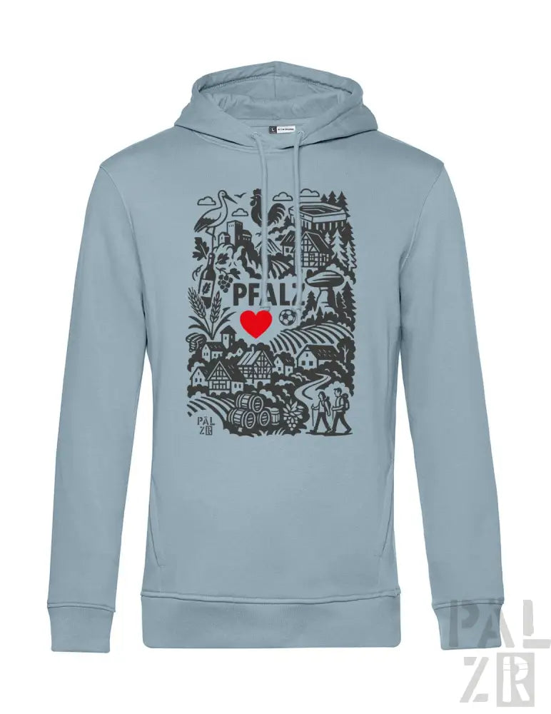 Hellblaue Kapuzenjacke mit schwarz-roter Gestaltung, die ein Herz, Häuser, Bäume und den Text ’pfal’ zeigt.