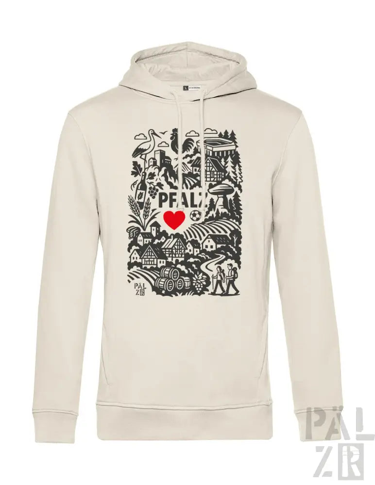 Creme-farbene Kapuzenjacke mit schwarz-roter Gestaltung, die den Text ’pfalz’, ein Herzsymbol und eine Landschaftsillustration zeigt.