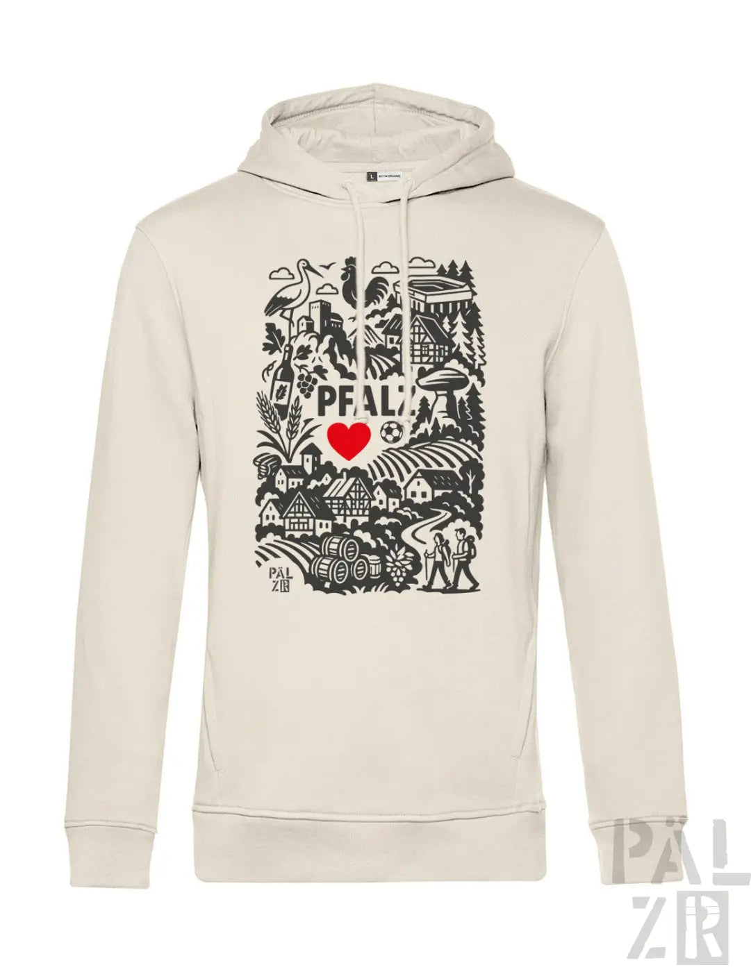 Creme-farbene Kapuzenjacke mit schwarz-roter Gestaltung, die den Text ’pfalz’, ein Herzsymbol und eine Landschaftsillustration zeigt.