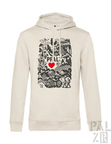 Creme-farbene Kapuzenjacke mit schwarz-roter Gestaltung, die den Text ’pfalz’, ein Herzsymbol und eine Landschaftsillustration zeigt.