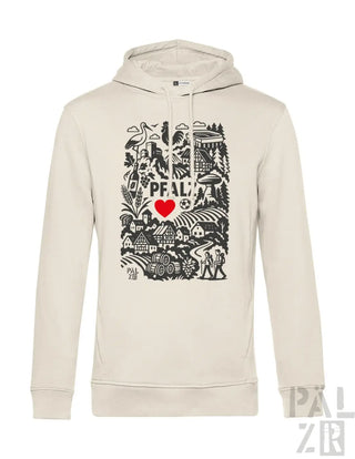 Creme-farbene Kapuzenjacke mit schwarz-roter Gestaltung, die den Text ’pfalz’, ein Herzsymbol und eine Landschaftsillustration zeigt.