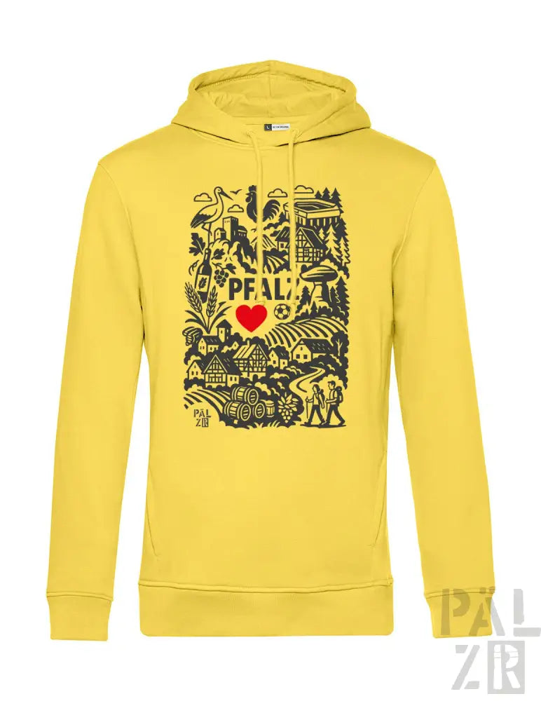 Gelbes Hoodie mit schwarz-roter Gestaltung, die den Text ’pfalz’, Herzsymbol und verschiedene Illustrationen zeigt.
