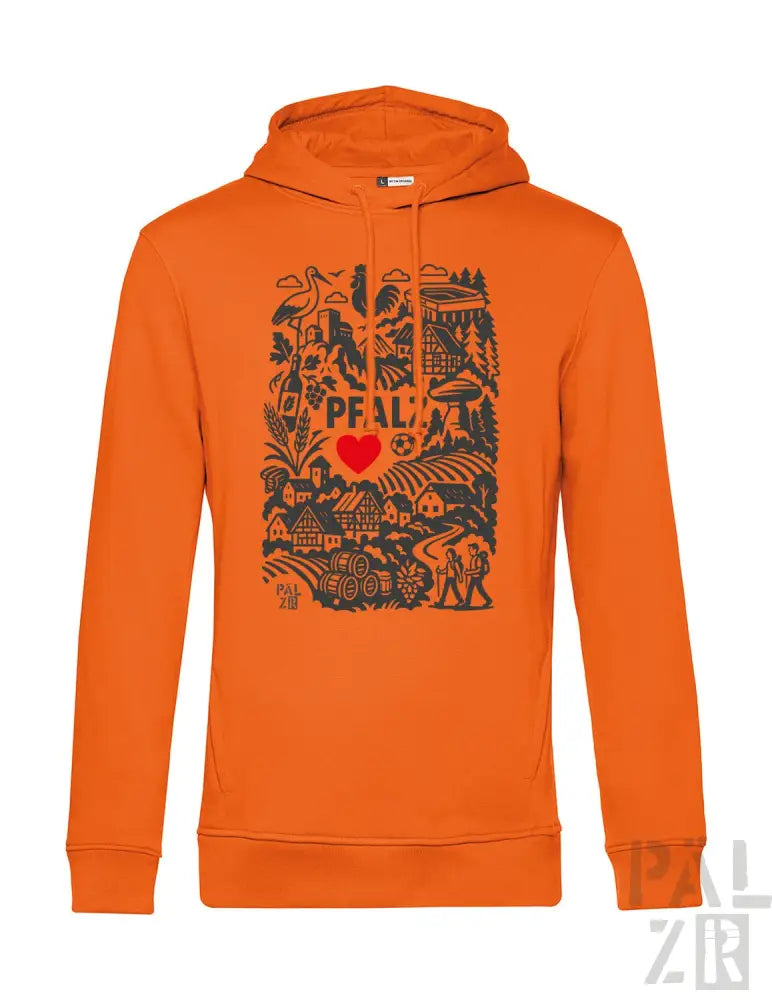 Orangefarbene Kapuzenjacke mit schwarzem Grafikdesign, das „pfal“ und ein Herz zeigt, aus Baumwolle.