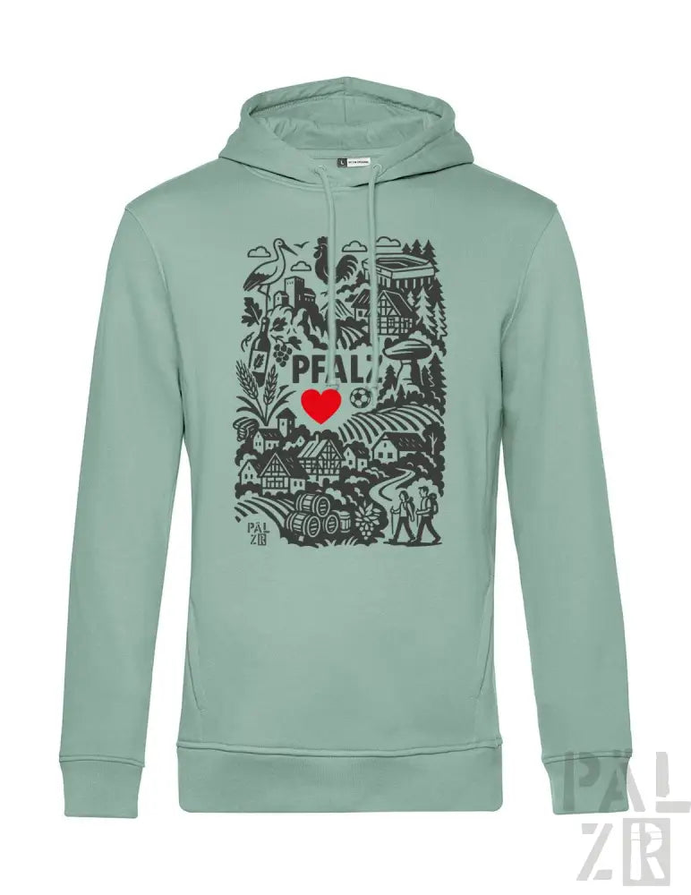 Minzgrüner Hoodie mit schwarz-weißem Grafikdesign, das ein Herz, Häuser, Bäume, Menschen und den Text „p.f.a.l.“ zeigt