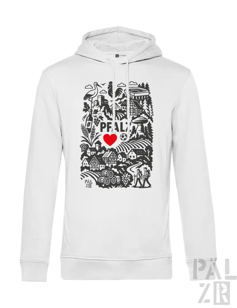 Weißes Hoodie mit schwarz-rotem Design, das den Text „pfalz“ und ein Herzsymbol zeigt.