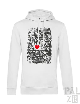 Weißes Hoodie mit schwarz-rotem Design, das den Text „pfalz“ und ein Herzsymbol zeigt.